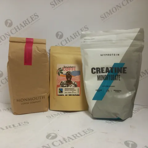 BOX OF APPROX 6 ASSORTED FOOD ITEMS TO INCLUDE - MY PROTEIN CREATINE MONOHYDRATE - JENIPHENS COFFI - MONMOUTH COFFEE ECT