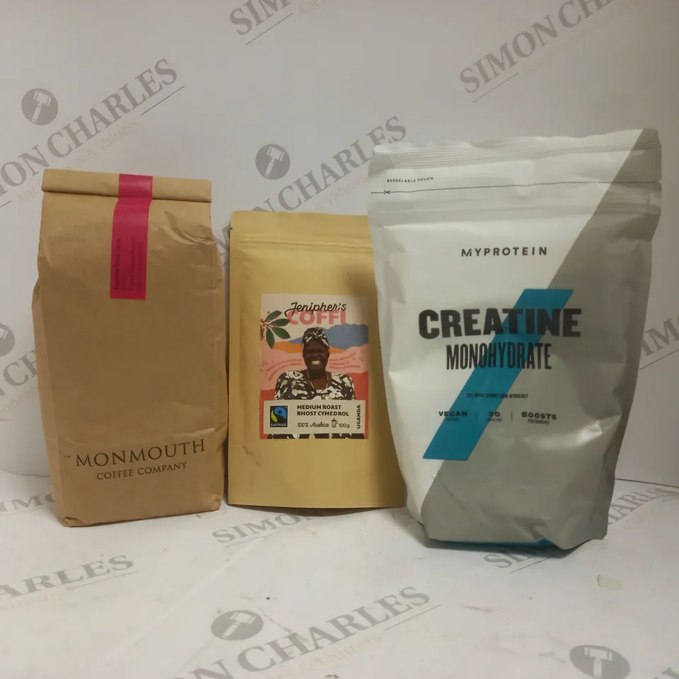 BOX OF APPROX 6 ASSORTED FOOD ITEMS TO INCLUDE - MY PROTEIN CREATINE MONOHYDRATE - JENIPHENS COFFI - MONMOUTH COFFEE ECT