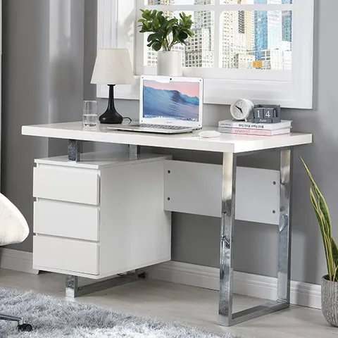 BOXED SYDNEY COMPUTER DESK IN HIGH GREY GLOSS WITH 3 DRAWERS (1 BOX)