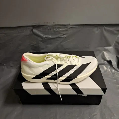 BOXED PAIR OF ADIDAS ADIZERO ADIOS 9 RUNNING SHOES IN WHITE/BLACK SIZE UK 9.5