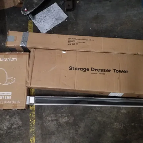 PALLET CONTAINING ASSORTED PRODUCTS INCLUDING 60M ROTARY DRYER, STORAGE DRESSER TOWER, ROLLER BLIND & TOILET SEAT