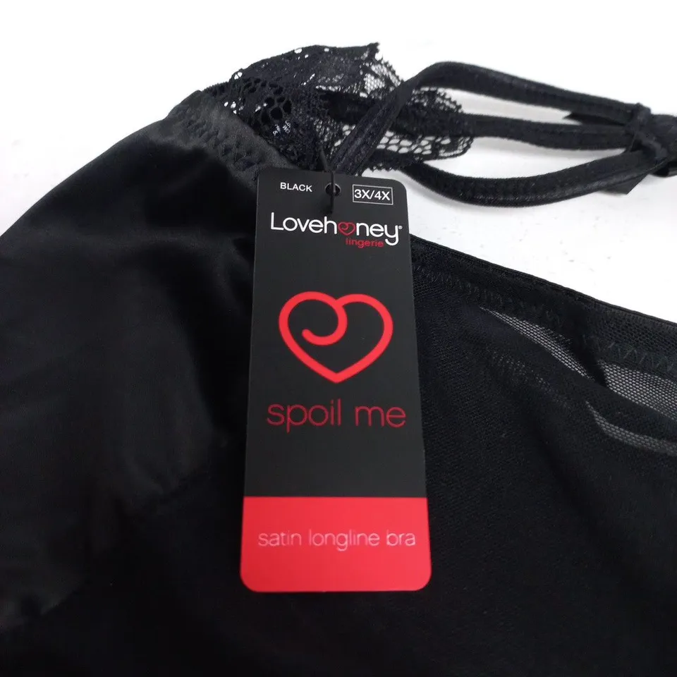 LOVEHONEY SATIN LONGLINE BRA – BLACK, 3X/4X