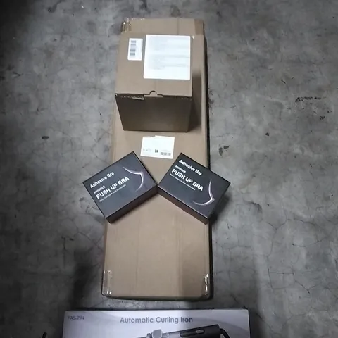 PALLET OF HOUSEHOLD ITEMS TO INCLUDE AUTOMATIC CURLING IRON, PUSH UP BRAS, PIGGY BANK ,BATHTUB TRAY AND OTHER ASSORTED ITEMS...