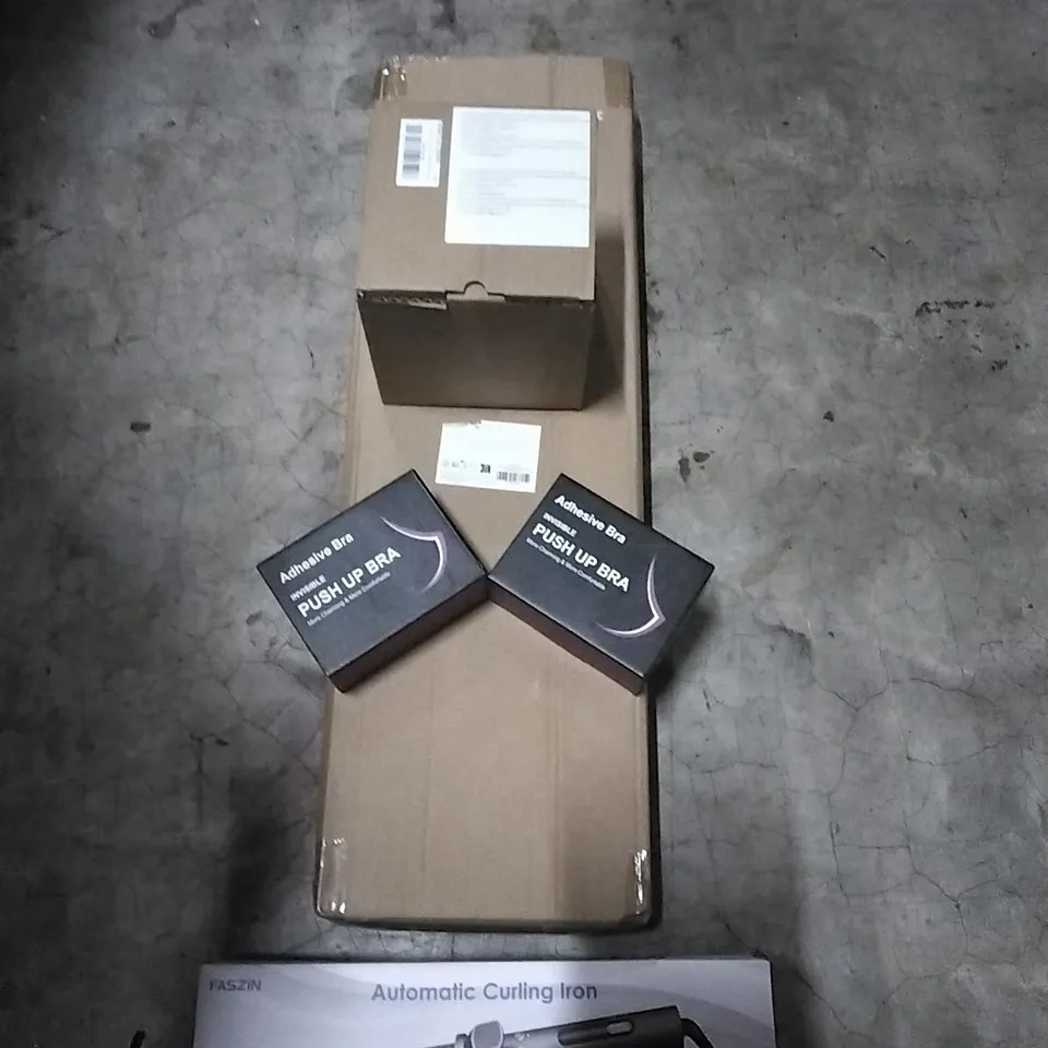 PALLET OF HOUSEHOLD ITEMS TO INCLUDE AUTOMATIC CURLING IRON, PUSH UP BRAS, PIGGY BANK ,BATHTUB TRAY AND OTHER ASSORTED ITEMS...