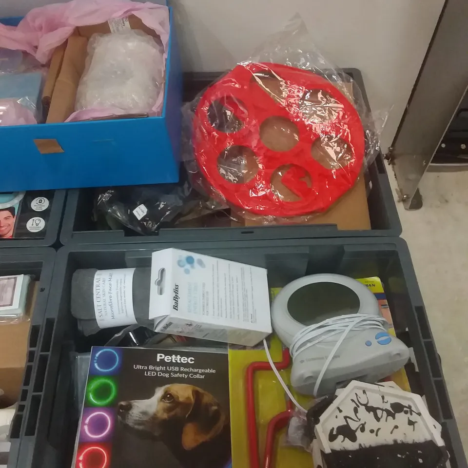 4 TOTES OF ASSORTED ITEMS INCLUDING, ASSORTED BRANDED CANDLES, DIFFUSER REFILLS, TOMMEE TIPPEE BABY MONITOR AND LED DOG COLLAR 