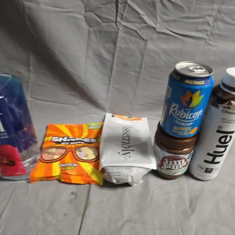 APPROXIMATELY 5 ASSORTED FOOD &DRINK ITEMS TO INCLUDE - HUEL,SWEETS AND RUBICON  - COLLECTION ONLY