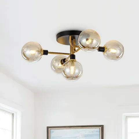 BOXED WETUMPKA 5-LIGHT INDUSTRIAL AMBER GLASS GLOBE SEMI FLUSH MOUNT
