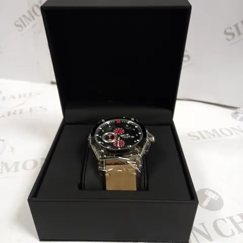MENβS LATOR CALIBRE L9180 CHRONOGRAPH WATCH β 42 MM CASE β BLACK DIAL WITH RED DETAILING β LEATHER STRAP β CHRONOGRAPH MOVEMENT WITH DATE FUNCTION