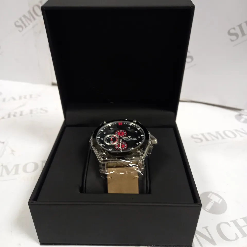 MEN’S LATOR CALIBRE L9180 CHRONOGRAPH WATCH – 42 MM CASE – BLACK DIAL WITH RED DETAILING – LEATHER STRAP – CHRONOGRAPH MOVEMENT WITH DATE FUNCTION