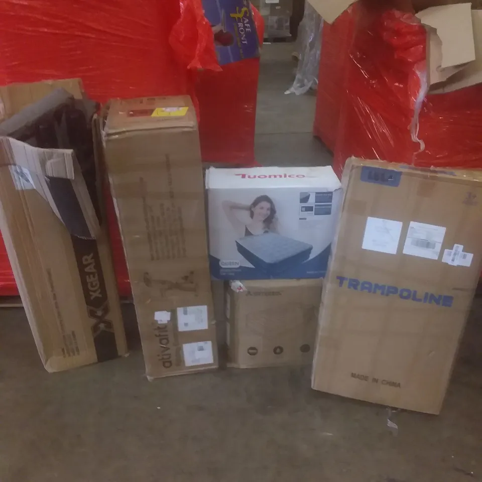 PALLET OF ASSORTED ITEMS INCLUDING CAMPING CHAIR, FOLDING EXERCISE BIKE, AIR MATTRESSES