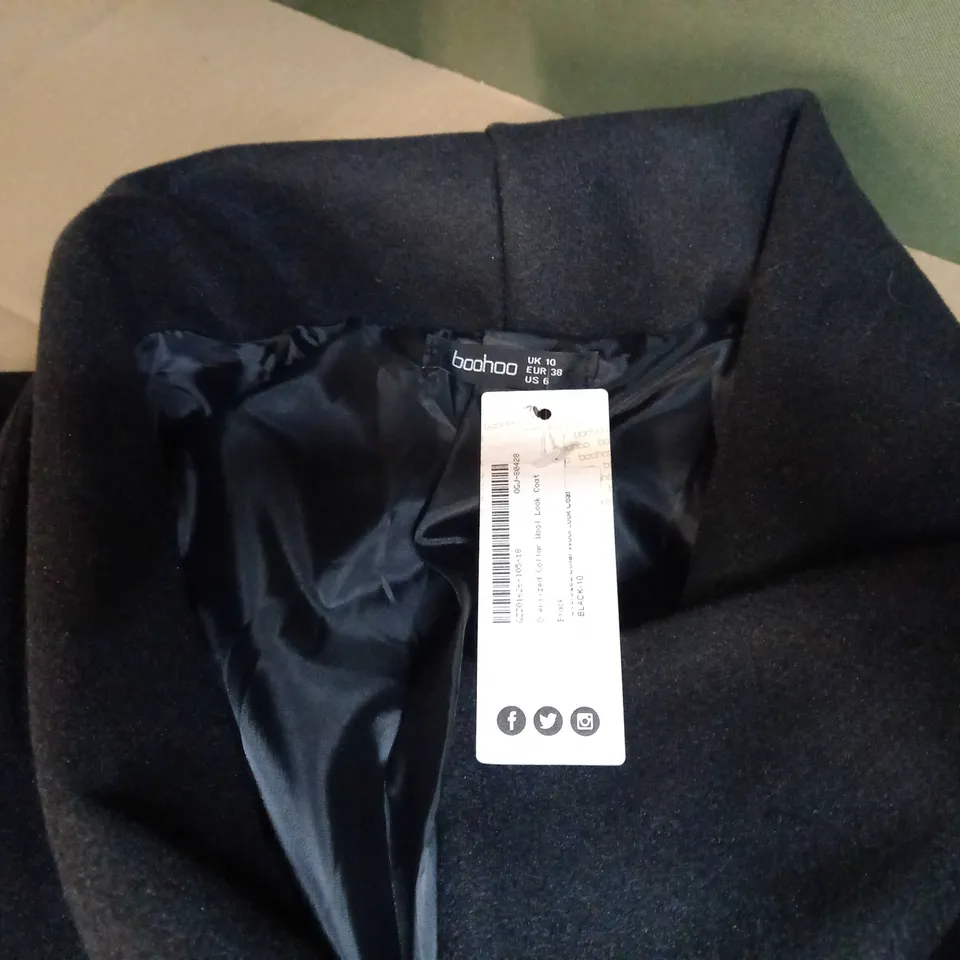 BOOHOO BLACK OVERSIZED COLLAR WOOL LOOK OVERCOAT - SIZE 10