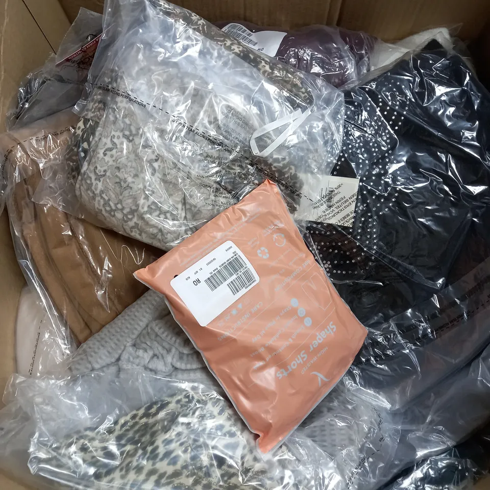 BOX OF ASSORTED CLOTHING ITEMS TOO INCLUDE TOPS , JUMPERS, AND PANTS ETC. 