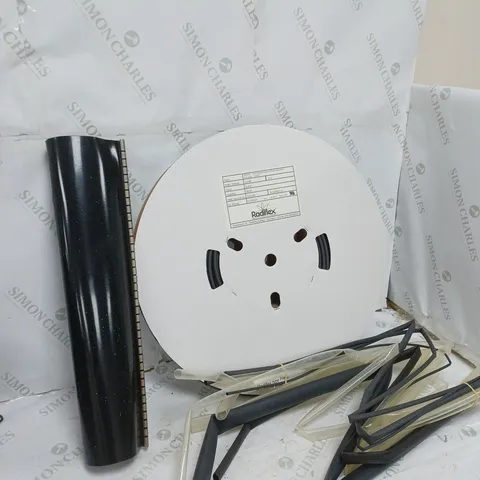 BOX OF ASSORTED ELECTRONIC ITEMS TOO INCLUDE HEAT WIRES , SHRINK CONNECTORS AND FLATTENED TUBBING