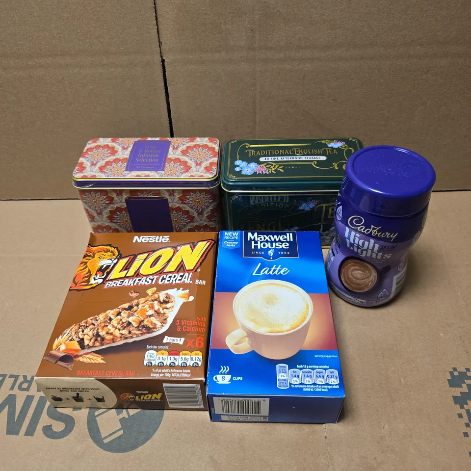 APPROXIMATELY 10 ASSORTED FOOD/DRINK PRODUCTS TO INCLUDE LION CEREAL BAR, MAXWELL HOUSE COFFEE, ENGLISH TEA ETC 