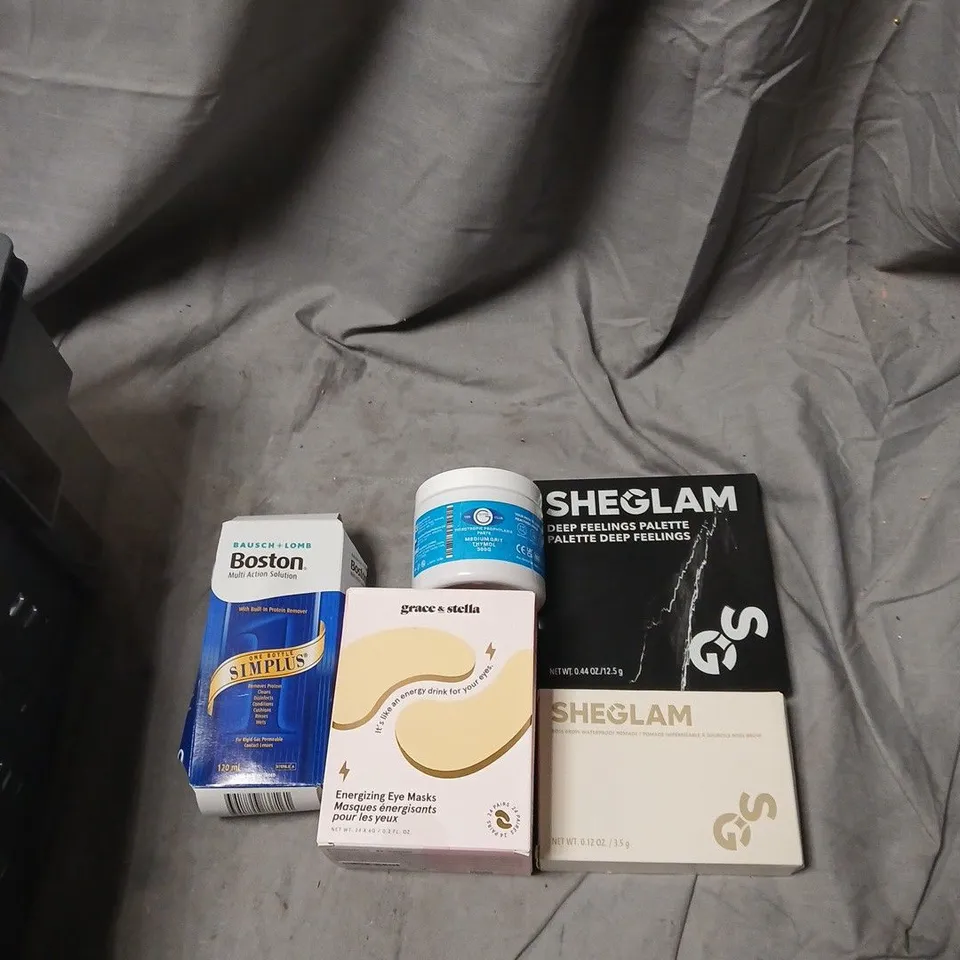APPROXIMATELY 30 ITEMS INCLUDING HEALTH & BEAUTY ASSORTMENT: SHEGLAM PALETTE, GRACE & STELLA EYE MASKS, BOSTON SIMPLUS CONTACT LENS SOLUTION.