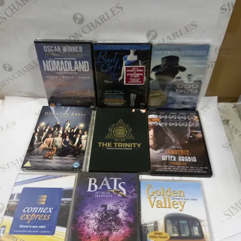BOX OF APPROXIMATELY 10 ASSORTED DVD FILMS AND DOCUMENTARIES TO INCLUDE DOWNTON ABBEY, NOMADLAND, BATS ETC