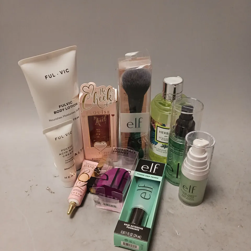 BOX OF APPROXIMATELY 12 COSMETIC ITEMS TO INCLUDE - ELF BLEMISH CONTROL FACE PRIMER - PLOUISE COSMETIC BASE - L'OCCITANE GENTLE SHOWER GEL - ETC