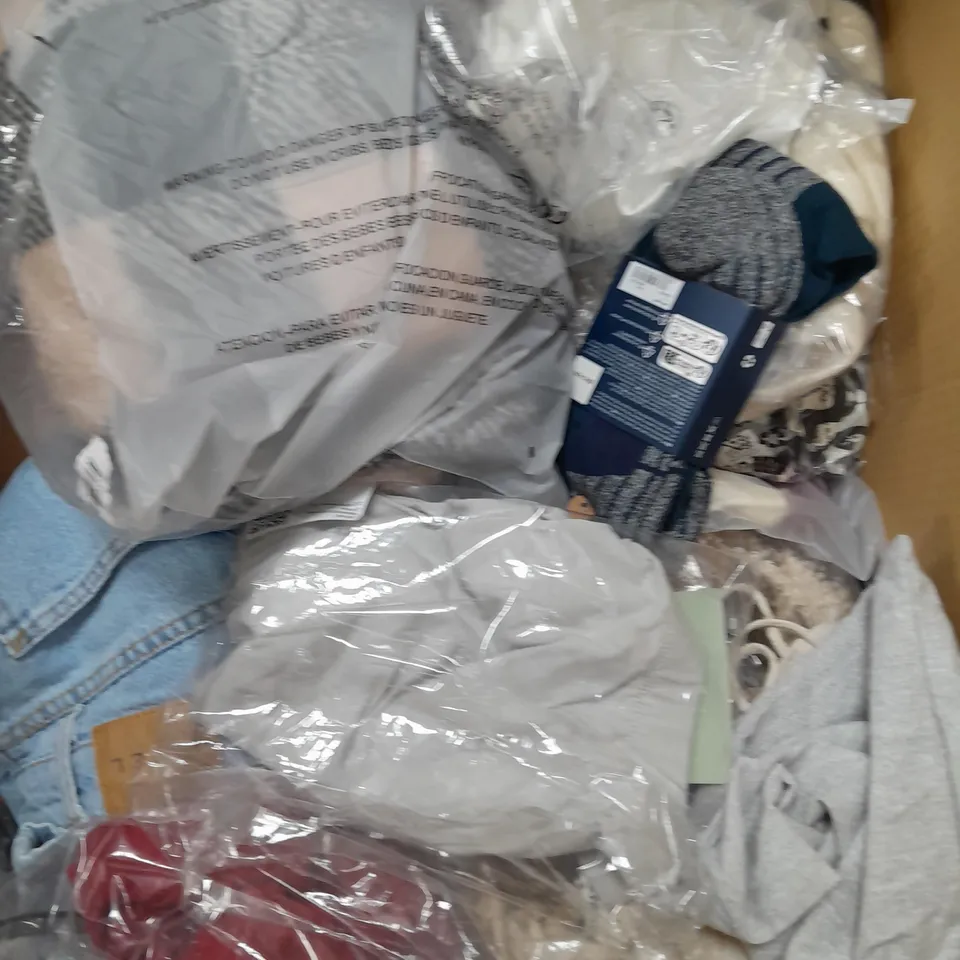 BOX OF APPROXIMATELY 20 ASSORTED CLOTHING ITEMS TO INCLUDE BRIEF UNDERWEAR, BOOHOO SWIMSUIT, DENIM ET