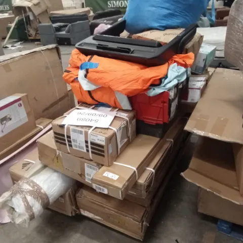 PALLET OF ASSORTED INCOMPLETE OR DAMAGED HOUSEHOLD GOODS AND PRODUCTS TO INCLUDE; GYM EQUIPMENT PARTS, TRAMPOLINE PARTS, PLUM OUTDOOR PLAY PARTS ETC