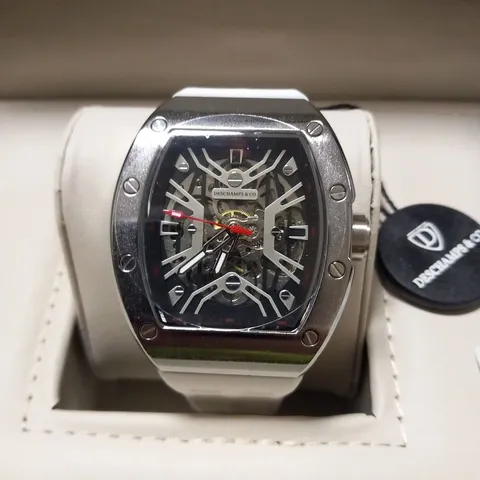 MENS AUTOMATIC DESCHAMPS & CO WATCH β SKELETON DIAL β GLASS EXHIBITION BACK CASE β RUBBER STRAP β WOODEN GIFT BOX β EST Β£925