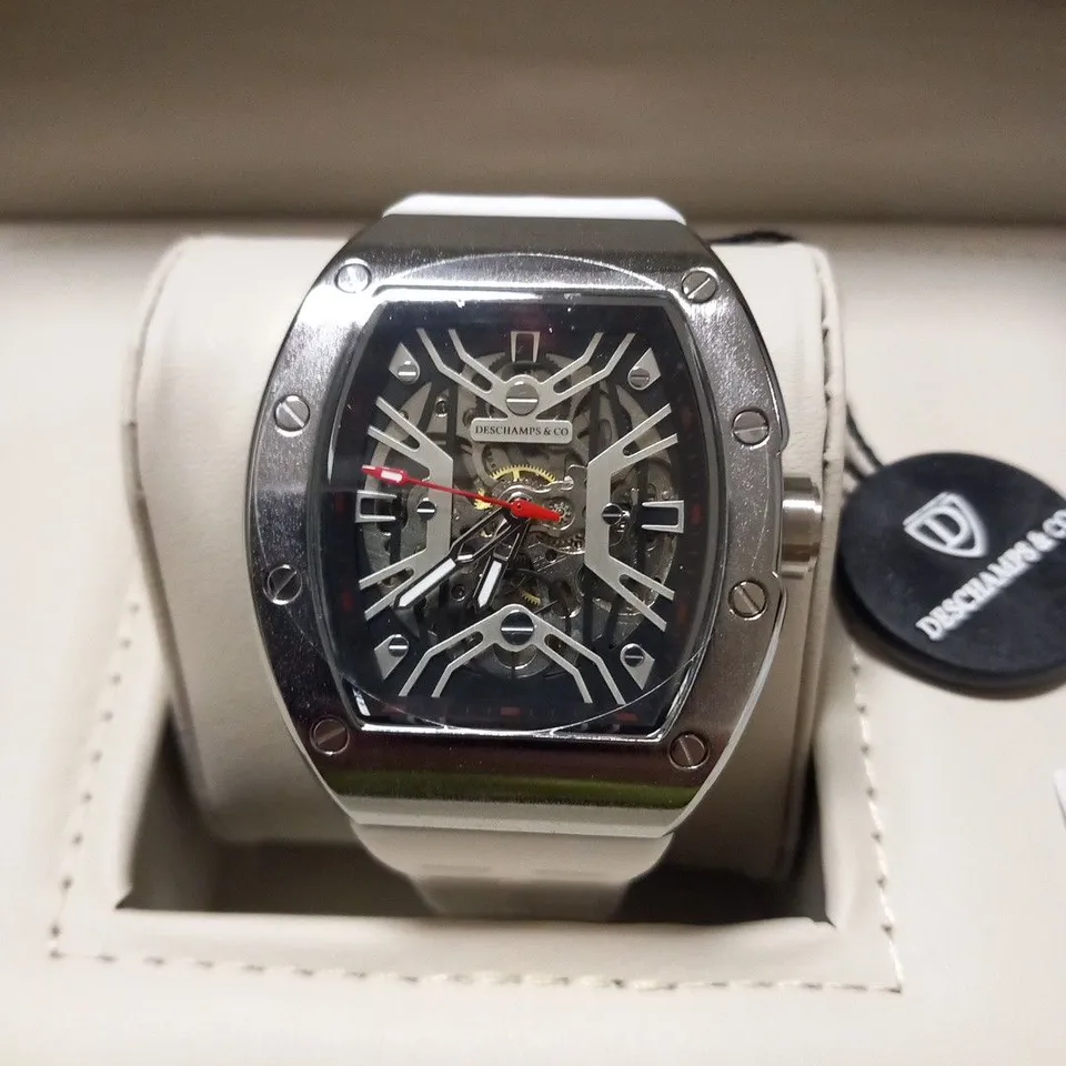 MENS AUTOMATIC DESCHAMPS & CO WATCH – SKELETON DIAL – GLASS EXHIBITION BACK CASE – RUBBER STRAP – WOODEN GIFT BOX – EST £925