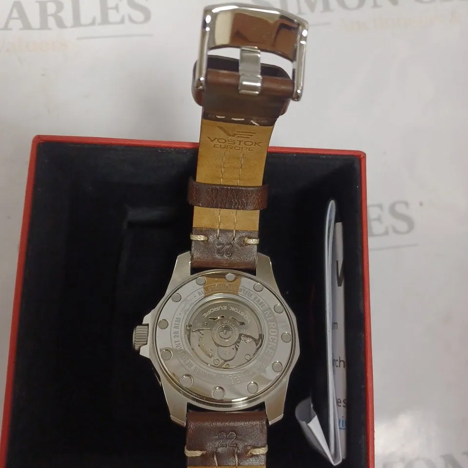 BOXED VOSTOK EUROPE N1 ROCKET AUTOMATIC WATCH GENUINE LEATHER STRAP BROWN