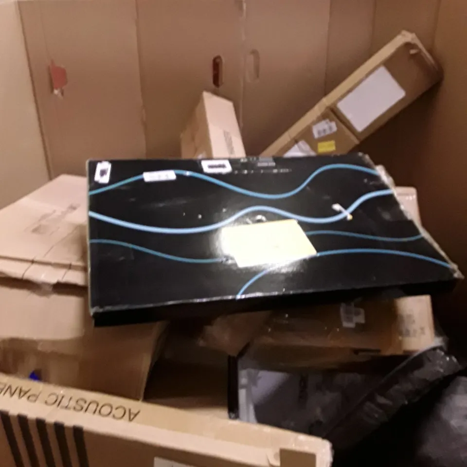 PALLET OF ASSORTED HOUSEHOLD GOODS AND PRODUCT TO INCLUDE; COMPUTER MONITOR LED, STAINLESS STEEL CAT LITTER BOX, EXERCISE MAT, BOXED FURNITURE ETC