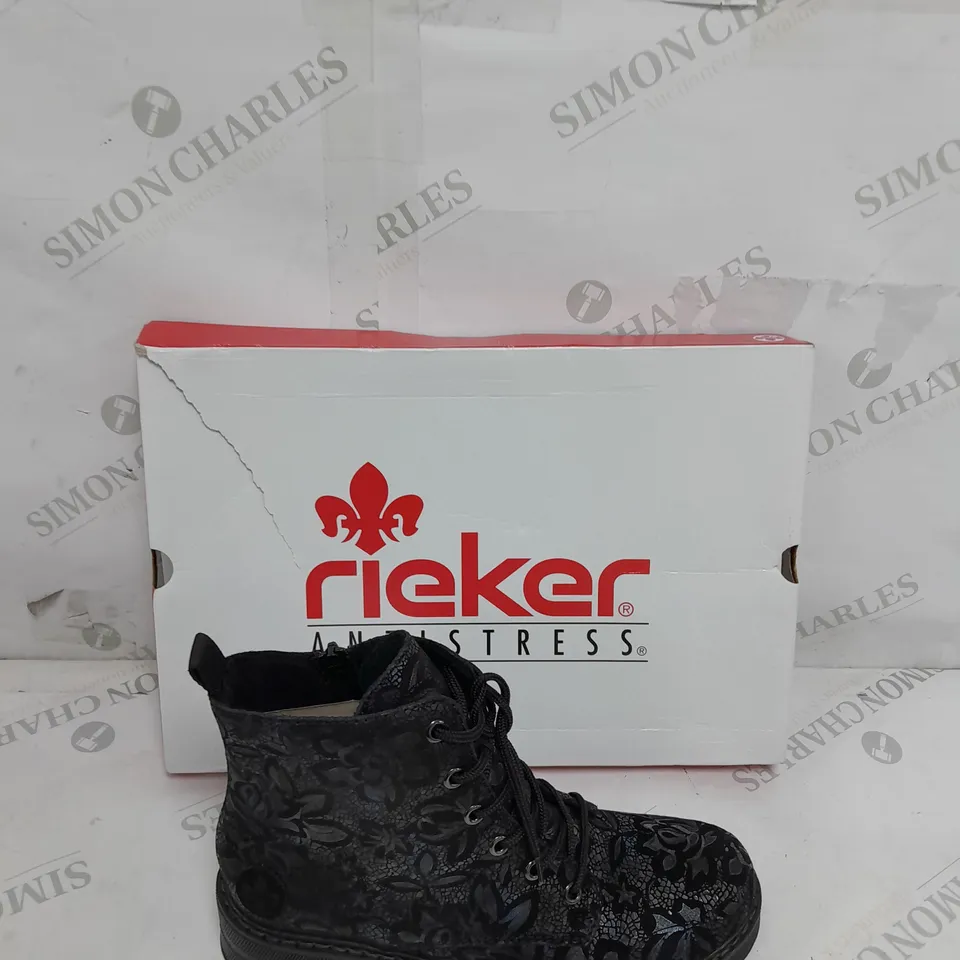 BOXED PAIR OF REIKER LACE UP BOOTS IN NAVY - SIZE 5