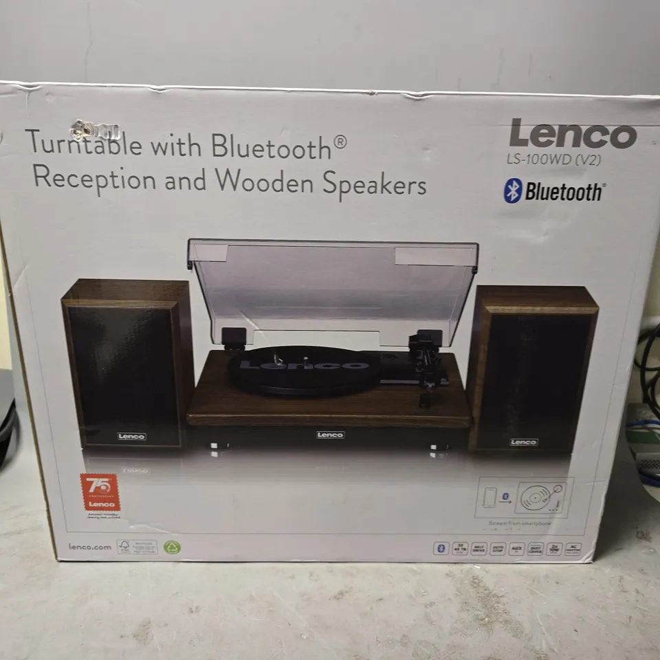 BOXED LENCO LS-100WD BELT DRIVE TURNTABLE WITH WOODEN SPEAKERS