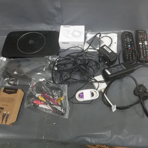 BOX OF APPROXIMATELY 8 ASSORTED ITEMS TO INCLUDE - BT HUB, REMOTES, AND GTECH PLUG ETC. 