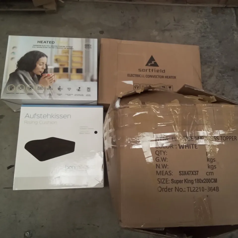 PALLET OF ASSORTED ITEMS INCLUDING RISING CUSHION, HEATED THROW, SORTFIELD ELECTRICAL CONVECTOR HEATER, ELEMUSE MATTRESS TOPPER, CUSIMAX AIR FRYER OVEN, GETFIT PREMIUM AIR BED