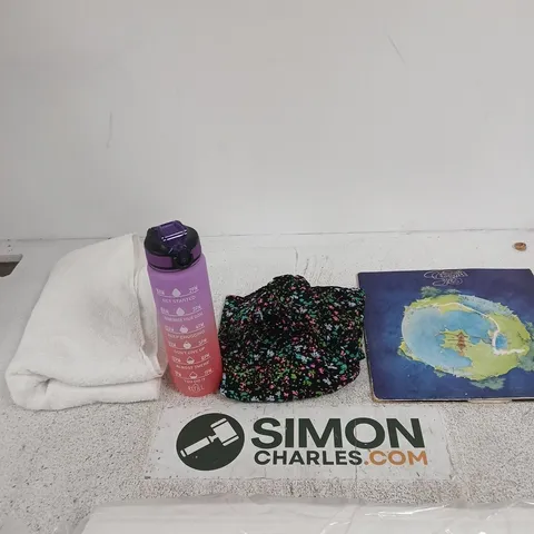 BOX OF APPROXIMATELY 10 ASSORTED ITEMS INCLUDING FRAGILE YES VINYL, SOME KITCHEN ROLL AND A GEORGE DRESS