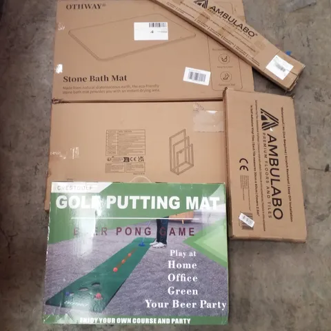 PALLET CONTAINING ASSORTED PRODUCTS INCLUDING STONE BATH MAT, METAL TOWEL RACK, GOLF PUTTING MAT & SELF ADHESIVE VINYL PLANKS