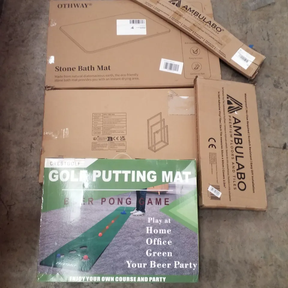 PALLET CONTAINING ASSORTED PRODUCTS INCLUDING STONE BATH MAT, METAL TOWEL RACK, GOLF PUTTING MAT & SELF ADHESIVE VINYL PLANKS