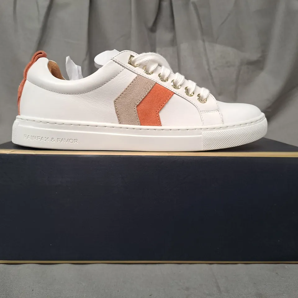 BOXED PAIR OF FAIRFAX & FAVOUR WOMENS ALEXANDRA TRAINERS IN WHITE UK SIZE 6