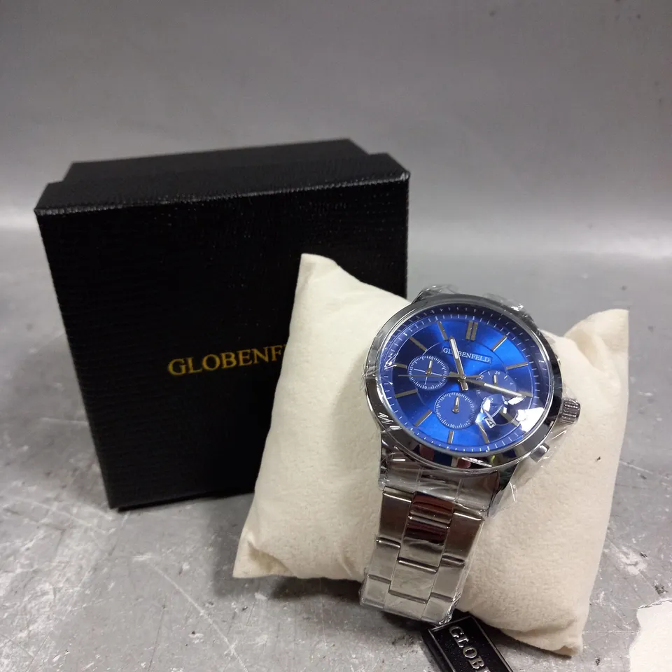 GLOBENFELD MARKSMAN SILVER BLUE DIAL STAINLESS STEEL CASE WATCH 