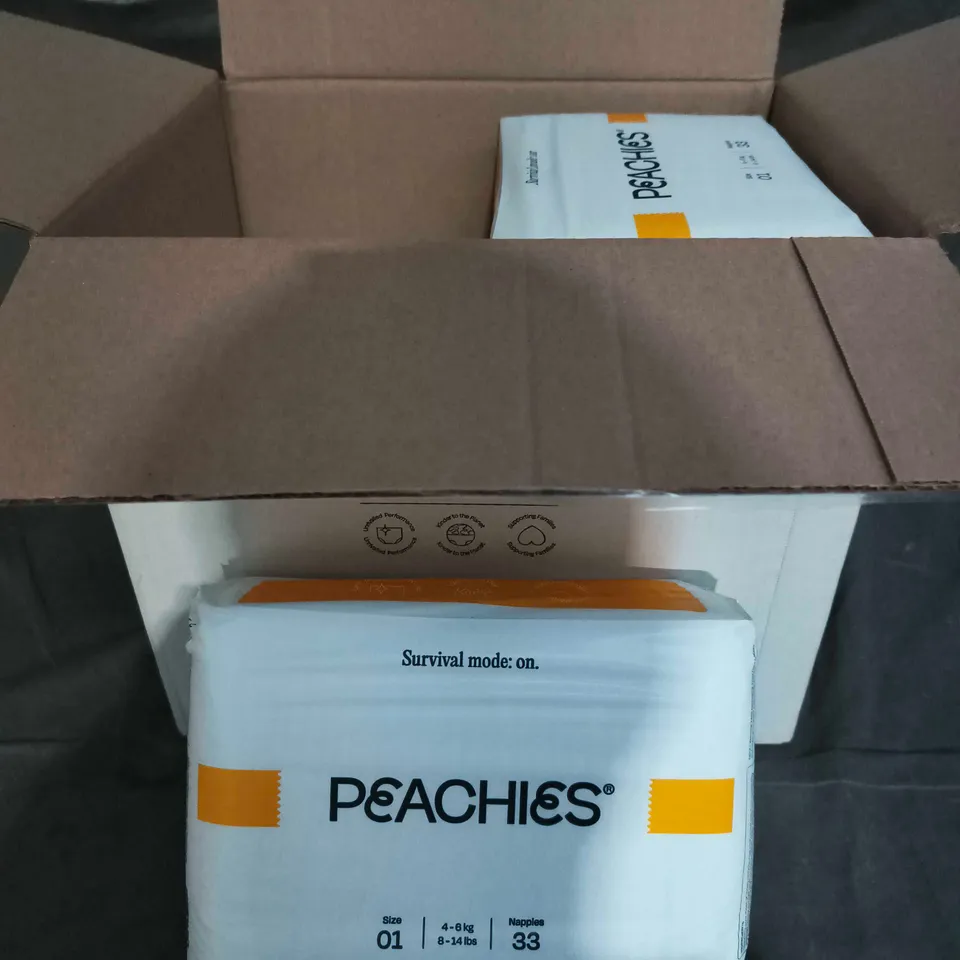 6 X PACKS OF PEACHIES NAPPIES - 198 TOTAL NAPPIES - SIZE 01