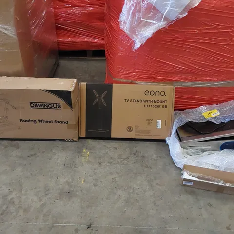 PALLET OF ASSORTED ITEMS INCLUDING: RACING WHEEL STAND, TV STAND WITH MOUNT, COOKING EQUIPMENT, TELESCOPIC EXTENDABLE POLE