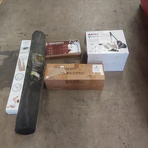 PALLET OF ASSORTED ITEMS INCLUDING: DELUXE VACUUM CLEANER, PLAYPEN, EXERCISE MAT, RETRACTABLE SAFETY GATE, FESTOON POLE ECT