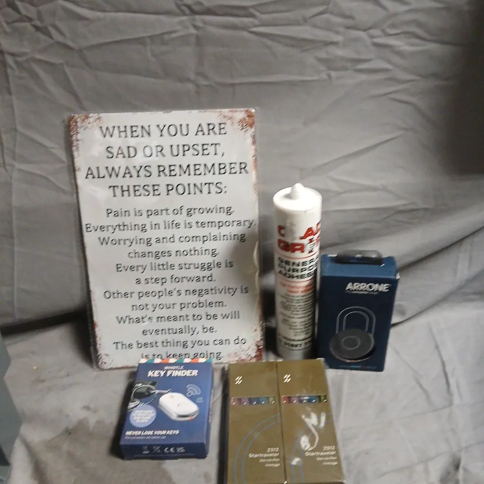 APPROXIMATELY 20 ASSORTED HOUSEHOLD ITEMS TO INCLUDE AFFIRMATION PLAQUE, WHISTLE KEY FINDER AND AN ARRONE FINGERPRINT PADLOCK