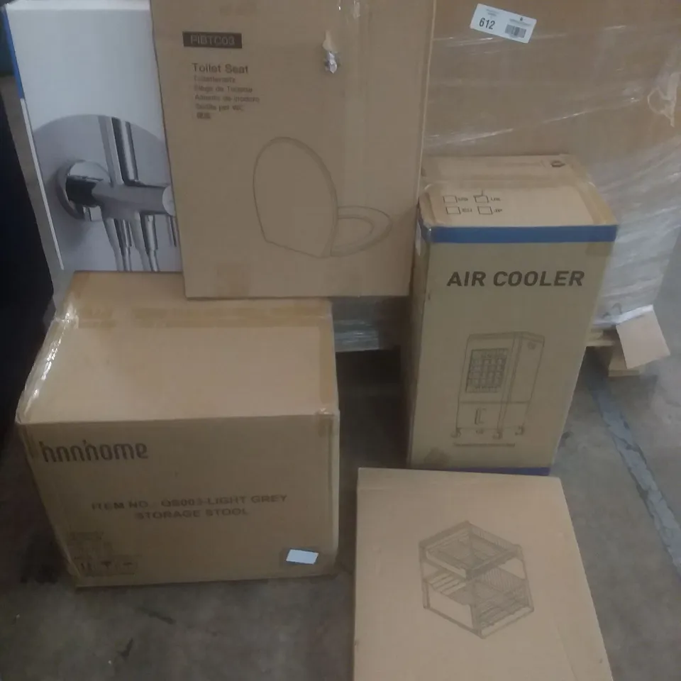 PALLET OF ASSORTED ITEMS INCLUDING GREY STORAGE STOOL, AIR COOLER, TOILET SEAT, RAIN SHOWER SYSTEM