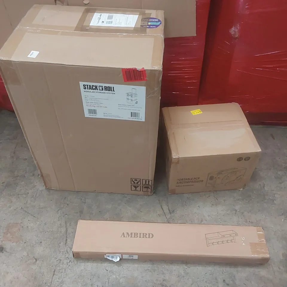 PALLET CONTAINING A VERY LARGE QUANTITY OF ASSORTED ITEMS INCLUDING: STACK N ROLL MODULAR STORAGE SYSTEM, COAT HANGERS, PORTABLE PCP AIR COMPRESSOR ECT