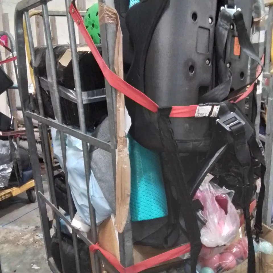 CAGE OF ASSORTED HOUSEHOLD GOODS AND PRODUCTS TO INCLUDE;CHILDREN'S CAR SEAT,SUITCASE,SHOERACK,AIR FRYER