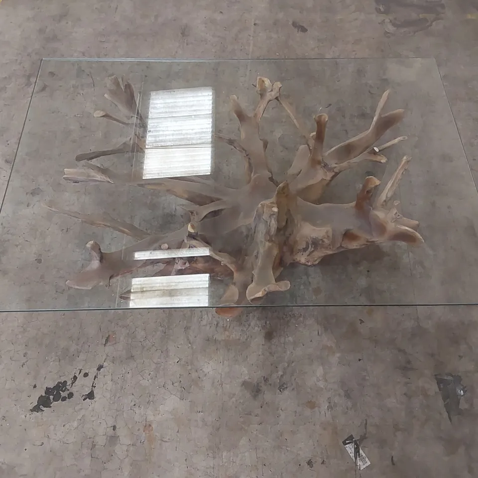 PACKAGED HOMESDIRECT365 TEAK ROOT DRIFT GLASS COFFEE TABLE (2 ITEMS)