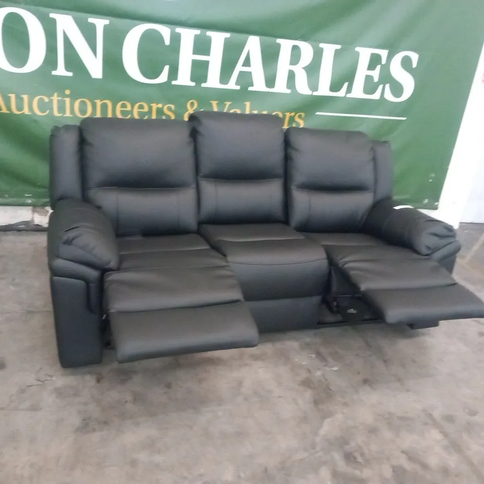 DESIGNER ALBION BLACK FAUX LEATHER MANUAL RECLINING THREE SEATER SOFA