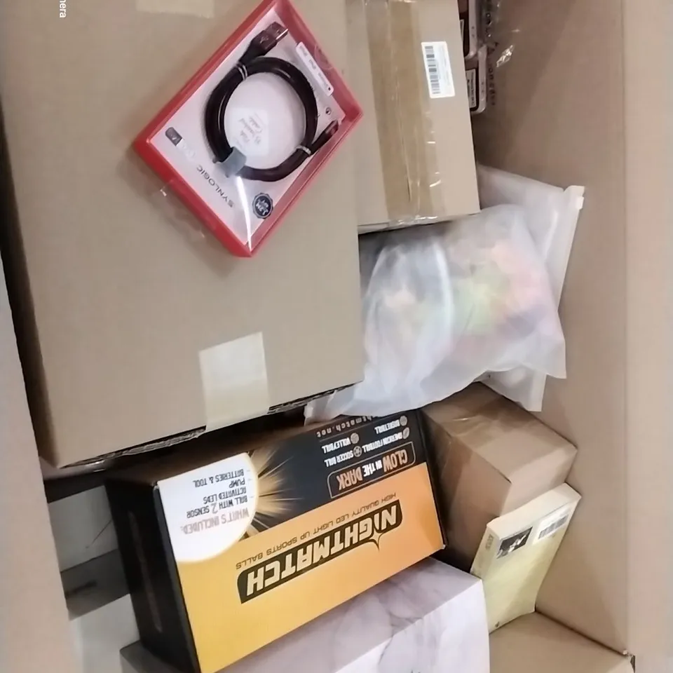 PALLET CONTAINING 6 BOXES IF ASSORTED HOUSEHOLD ITEMS TO INCLUDE BIXED VASES, WEED BARRIERS AND LED SPORTSBALL
