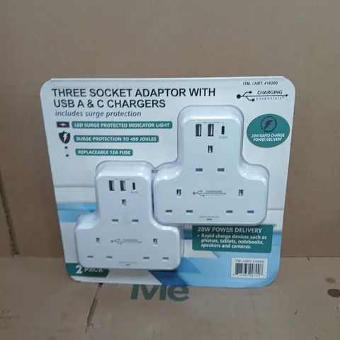 THREE SOCKET ADAPTOR WITH USB A & C CHARGERS – 2 PACK