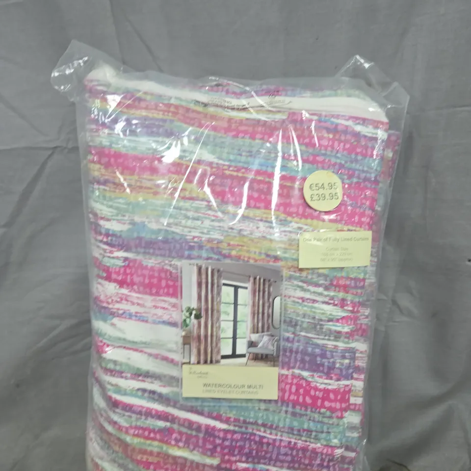 WATERCOLOUR MULTI EYELET CURTAINS – ONE PAIR, FULLY LINED (SEALED IN ORIGINAL PACKAGING)