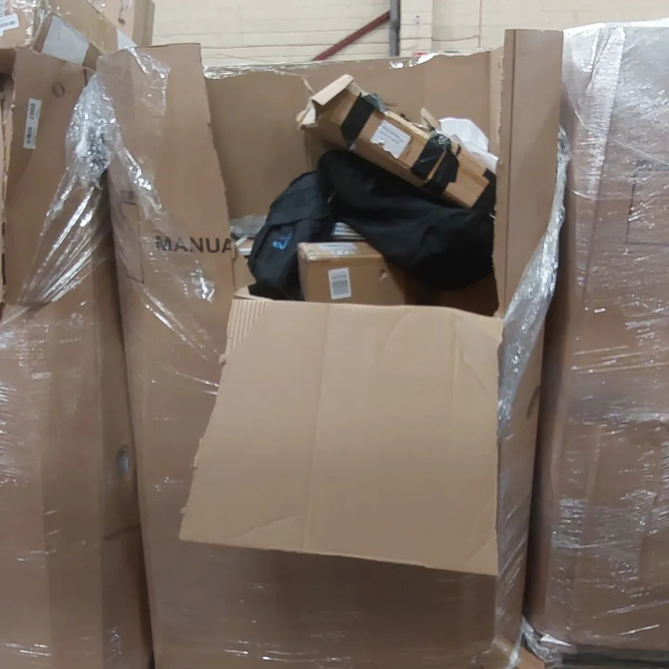 PALLET OF ASSORTED HOUSEHOLD ITEMS AND CONSUMER PRODUCTS TO INCLUDE; CHOCOLATE FOUNTAIN, COFFEE TABLE, CAMPING EQUIPMENT, BOXED FURNITURE ETC 