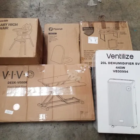 PALLET CONTAINING ASSORTED PRODUCTS INCLUDING BABY HIGH CHAIR, BLACK DESK RISER, TOILET SEAT, FOLDING PLASTIC TABLE & 20L DEHUMIDIFIER 